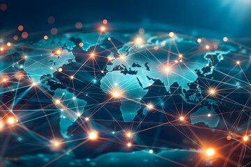 Global Network Concept with Connected Nodes and Bright Lights on World Map