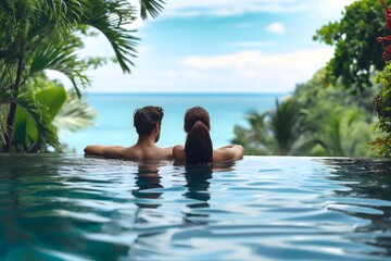 Couple Enjoying a Tranquil Infinity Pool Overlooking a Tropical Ocean View