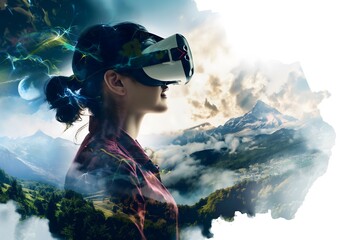 Virtual Reality Exploration Woman Merged with Mountainous Landscape in a Dreamlike Experience