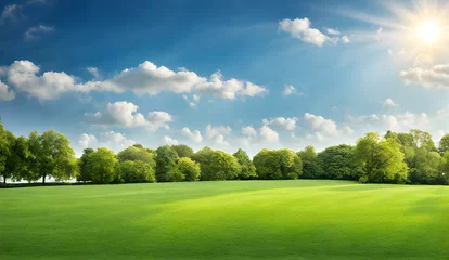 Fotobehang Wide lawn trimmed with precision under a blue sunny sky © karandaev