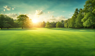 Wide lawn trimmed with precision under a blue sunny sky