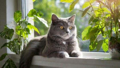 grey cat lazily on a sunlit windowsill, its tail curled neatly around its paws