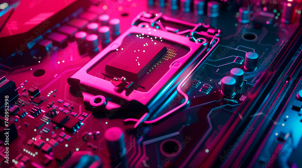 Poster secure connection or cybersecurity service concept of compute motherboard closeup and lock with logi