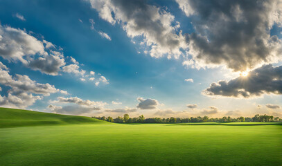 Fototapeta premium Meticulously trimmed wide lawn under a deep blue sky