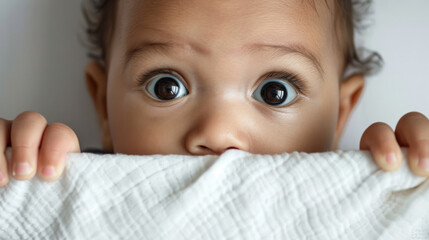 A baby with wide blue eyes is peeking over the top of a white edge, gripping it with tiny hands.