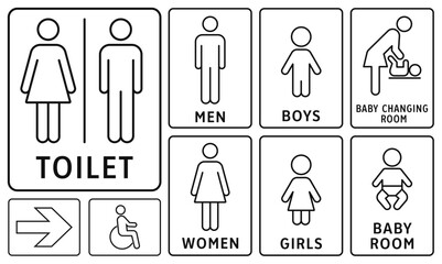 Toilet signs: men, women, boy, girl, changing room, disabled person. Set of vector line icons with editable stroke. Simple WC or bathroom door symbols. Different versions of gender icons. - 740953901