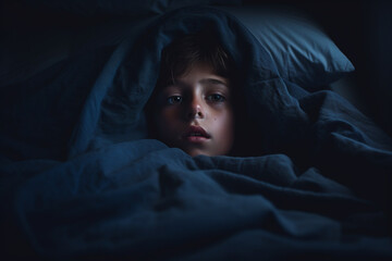 Young boy having trouble sleeping at night, staying awake under covers with flashlight