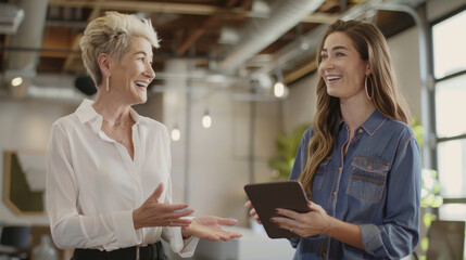 Two professional women are engaged in a collaborative discussion with one holding a tablet, sharing a moment of mentorship and teamwork in a well-lit modern office space.