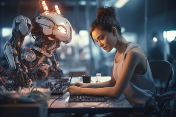 Young woman working in a robotics workshop