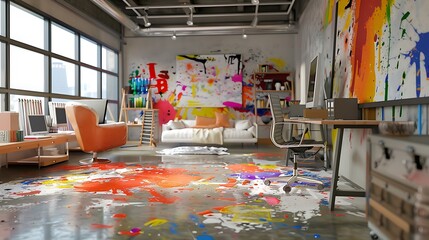 Modern art studio office with paint, splattered floors and avant, garde decor, modern office...