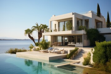 Luxurious beach villa with pool in stunning santorini landscapes for a dreamy vacation - obrazy, fototapety, plakaty