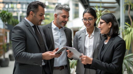 three business professionals in a modern office setting, one of whom is holding a digital tablet, indicating a discussion or review of digital content