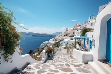Obraz premium Santorini, greece. captivating view of white architecture set against the deep blue sky