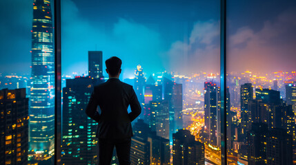 Man in suit stands inside looking out at a vibrant city at night illuminated by countless lights from streets and skyscrapers under a dark blue sky - obrazy, fototapety, plakaty