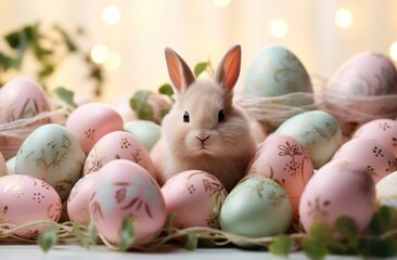 Fototapeta na wymiar easter eggs and bunnies on a beige background