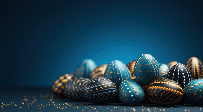 colorful western orient easter eggs over a blue background, animated gifs, dark yellow and blue