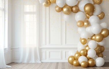 gold and white confetti and balloons are shown