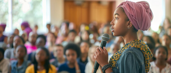 Young girl with microphone speaking confidently in front of an audience, symbolizing youth empowerment
