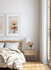 Mockup poster frame in white luxury bedroom interior, 3d render 