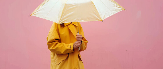 Person in a yellow raincoat covered by an umbrella against a pink backdrop, a bright contrast on gloomy days