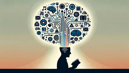 Illustration of a person reading a book with a tree of knowledge growing out of his head, filled with various education and technology icons. Knowledge concept.AI generated.