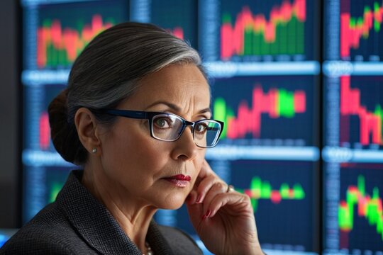 older woman reviewing the stock market, female financial literacy, concerns over retirement savings