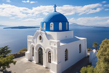Spectacular santorini greece landscape featuring  white church with blue roof and dome - obrazy, fototapety, plakaty