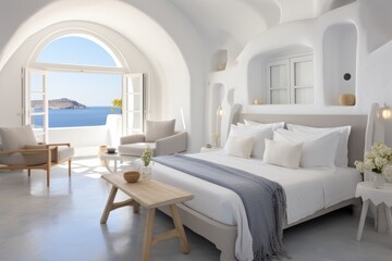 Luxurious santorini hotel room with elegant interior decor and breathtaking sea view