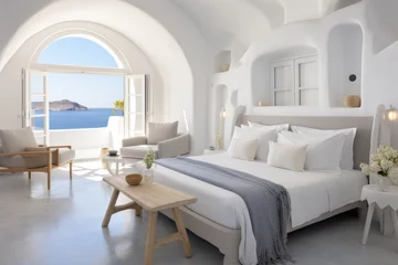 Rolgordijnen Luxurious santorini hotel room with elegant interior decor and breathtaking sea view © katrin888
