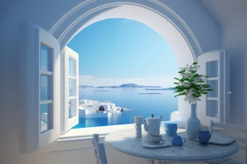 Poster Luxurious hotel room in santorini with elegant interior decor and stunning sea view from the window © katrin888