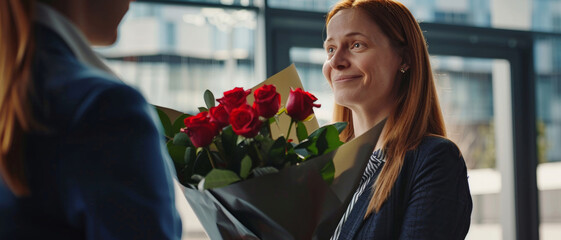 A woman receiving a bouquet of red roses, her expression one of happiness and gratitude