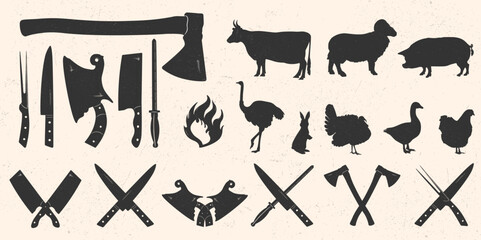 Set of knives and cleavers with silhouettes of farm animals and birds. Elements for logo in vintage style. Suitable for butcher store, restaurant. Vector EPS 10 - obrazy, fototapety, plakaty