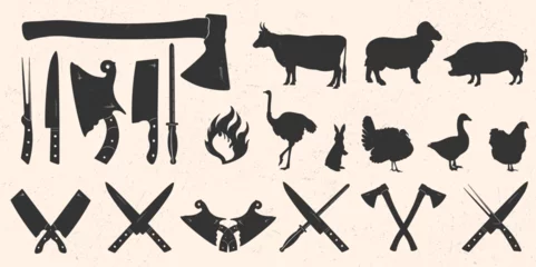 Fotobehang Set of knives and cleavers with silhouettes of farm animals and birds. Elements for logo in vintage style. Suitable for butcher store, restaurant. Vector EPS 10 © Марина Ризниченко