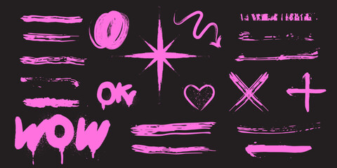 Set of graffiti dirty, grunge ink spray lines and elements. Collection of symbols, heart, star, wow, arrow with spray texture. Elements on black background for banner, decoration, street art and ads.