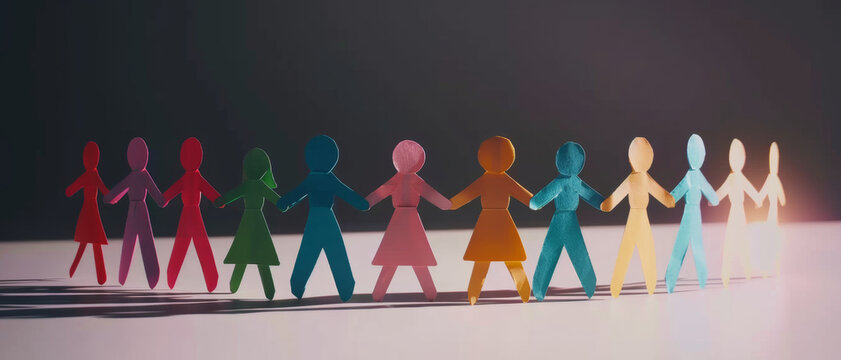 A colorful paper chain of people symbolizes unity and diversity, casting a vibrant reflection