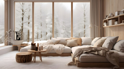A picturesque living room with a white bed in an eco-friendly house surrounded by snow-covered meadows, with earthy tones and organic textures creating a warm and inviting space for winter relaxation
