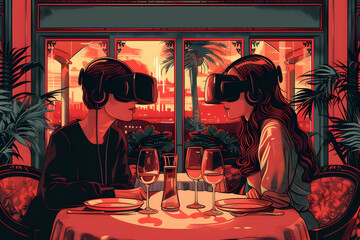 Young couple sitting in a restaurant on a date, both wearing VR glasses