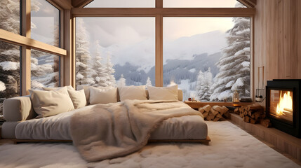 A charming living room featuring a white bed in an eco-conscious cabin tucked away in the snowy mountains, with soft blankets and fluffy pillows providing a cozy spot for enjoying the winter scenery. - obrazy, fototapety, plakaty