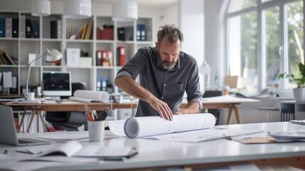 Architect unrolling plans of his new project on his studio or office table. Architectural papers and design.  - obrazy, fototapety, plakaty
