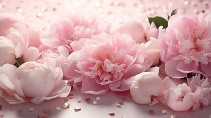 pink peonies arranged among white branches, leaves and confetti