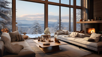 A serene living room in a sustainable eco home, with panoramic windows offering breathtaking views of snow-covered mountains and cozy seating arrangement inviting guests to unwind and enjoy the winter