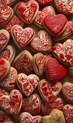 heart shape sweet red cookies pattern, lovely valentine biscuits background, love and romance concept