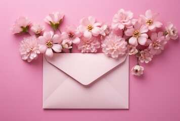 pink envelope with romantic flowers on pink background