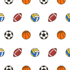 Volleyball, soccer ball, american football or rugby and basketball balls seamless pattern. Seamless background with sports ball. Typography graphics for textile and print products. Vector illustration
