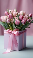 Fototapeta premium pink box of gift in a vase with tulips