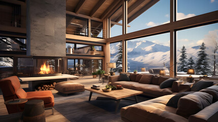 A cozy living room in an eco retreat nestled amidst snowy peaks, with floor-to-ceiling windows...