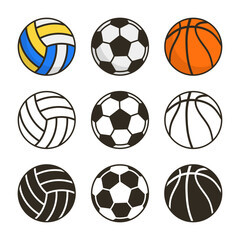 Volleyball, soccer or football and basketball balls set. Sports ball collection. Vector illustration.