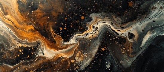 An artistic representation showing a swirling pattern of brown and white paint set against a dark black background, resembling a natural occurrence of soil and rock formation