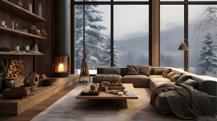 A picturesque living room in an eco-friendly house surrounded by snow-covered meadows, with earthy tones and minimalist decor enhancing the cozy atmosphere of the winter retreat.