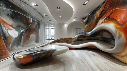 Surrealist art gallery office with abstract installations and mind, bending decor, modern office interior design